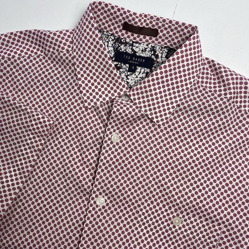 Ted Baker London Mens 3 Red White Geometric Casual Button Down Short‎ Sleeve